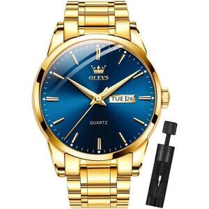 Olevs Men's Gold With Blue Dail Stainless Steel with Luminous Stylish Watch